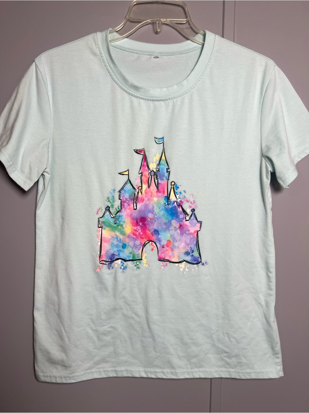 Castle Watercolor Graphic T-Shirt Light Blue M Crew Neck Women's Disney Inspired